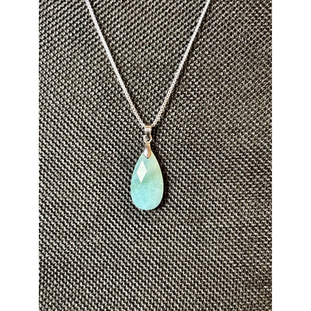Faceted Amazonite Teardrop Pendant Necklace Stainless Steel Box Chain Aqua Green